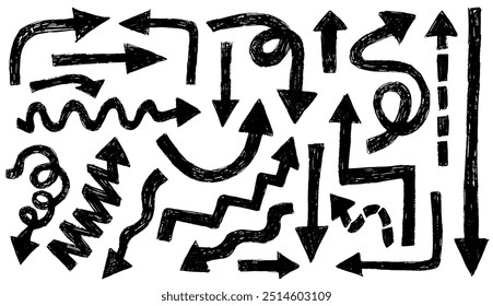 arrows set hand drawn grunge brush stroke black ink texture isolated on white background straight zigzag curved direction pointer navigation elements collection