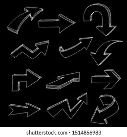 Arrows set. Hand drawn sketch on black background. Vector illustration