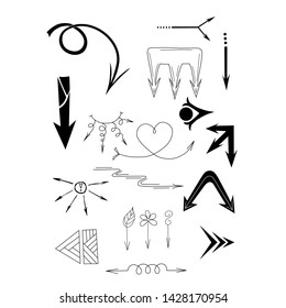 Arrows set. Handmade style. Isolated black elements on white background. Vector illustration. Editable element of business design.
