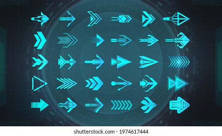 Arrows set in HUD style for Web, App, GUI - UI, UX, Kit design. Navigation elements - arrows, pointers, buttons, direction. Futuristic beautiful set arrows for Games, User interface. Vector graphic 