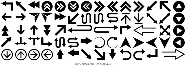 Arrows set icon in black color. Arrow vector collection. Arrow set icons. Set different arrows for web design. Modern simple arrow. Vector illustration.