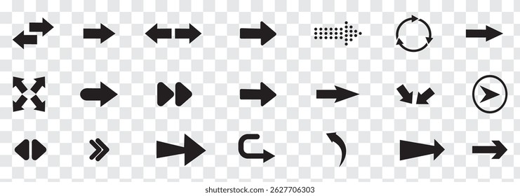 As setas definem o ícone na cor preta. Coleção de vetores de seta . Ilustração vetorial. Setas modernas e simples. Plano de fundo isolado.
