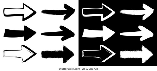 Arrows set icon hand drawn, arrow signs isolated, arrow brush grunge sign black and white