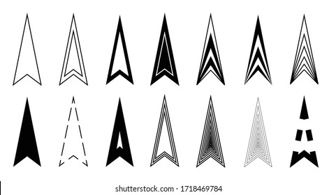 Arrows set icon triangle black. Original design with variations, arrowhead icons for web application and graphics.