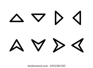 Pfeile setzen Symbole. Satz von Pfeilzeigern. Richtung oben, unten, links, rechts. Blinker. Linien-Pfeilvektorsymbol im dünnen Linienstil festgelegt. Vektorisolierte Illustrationen