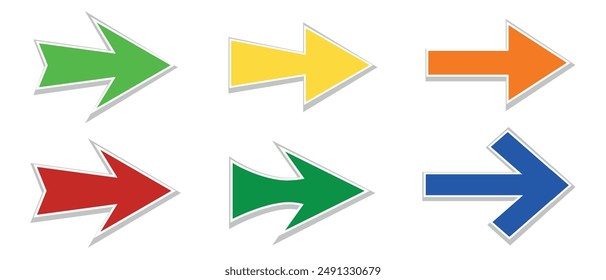 Arrows. Set of isolated multi-colored arrows of different shapes on a white background. Blue, orange, green, yellow colors. Vector design element.