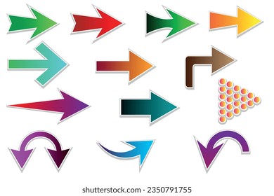 Arrows. Set of isolated multicolored arrows. Gradient arrows of different shapes on a white background. Blue, pink, purple, orange, green, yellow gradient colors. Vector design element.