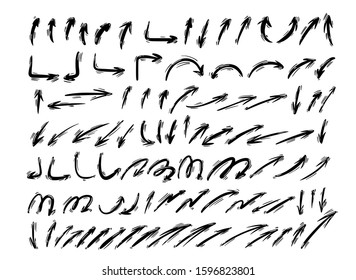 Arrows set isolated on white background. Collection of direction points graphic design elements. Hand drawn signs. Vector illustration.