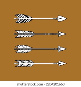 Arrows set in Native American Indian style. Vector hand drawn illustration isolated on a white background. Logo design, tattoo art, wall design decoration, poster, banner.