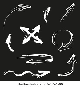 Arrows set on black background hand made. Brush ink grunge c�alligraphy hand drawn print. Vector illustration for web, user interface and application. 