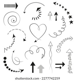 Arrows set on white background. Vector curved arrows hand drawn. Sketch doodle style. Collection of pointers.