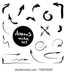 Arrows set on white background hand made. Brush ink thin and huge c�alligraphy print. Vector illustration for web, user interface and applications. 