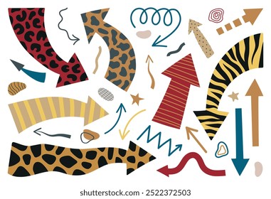 Arrows set. Psychedelic elements and arrows, animal skin print. Isolated vector modern illustration for your design
