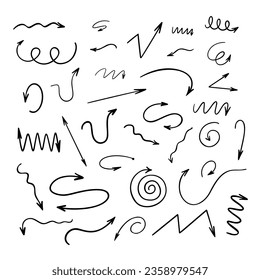 Arrows set simple hand drawn vector illustration, free form sign pointing different directions