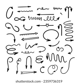 Arrows set simple hand drawn vector illustration, free form sign pointing different directions