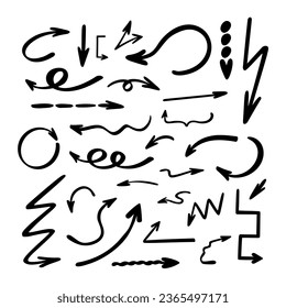 Arrows set simple hand drawn vector illustration, free form curved, straight signs pointing different directions