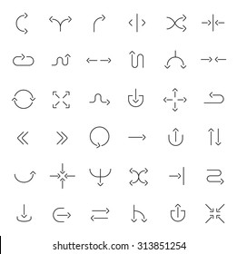 Arrows set. Thin contour line. Navigation way pointers. Curve outline vector icons isolated on white