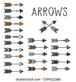 Arrows set in tribal style on white background, outline vector illustration.