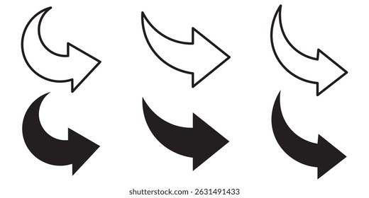
Arrows set vector illustration. Curved arrow pointing left. Curved arrow icons set. Black arrow symbols. Collection curved arrows. Modern flat simple arrows.