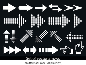 Arrows set. Vector illustration. Set different arrows or web design. Arrow flat style isolated on black background.