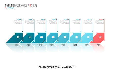 Arrows shaped timeline infographic template. 8 steps, options, processes. Vector illustration.