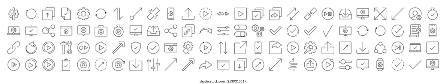Arrows, Share, Check, Turn, Download, Settings Set of Thin Icons. Editable Stroke. Suitable for Web Sites, Books, Cards, Apps
