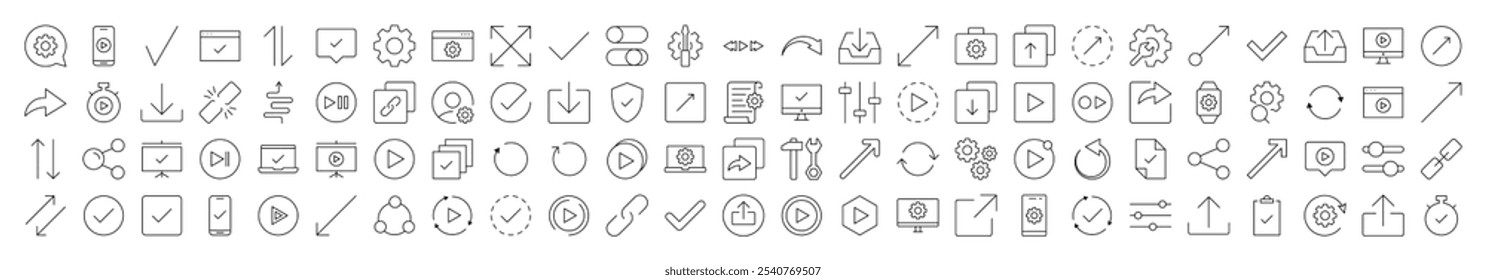 Arrows, Share, Check, Turn, Download, Settings Collection of Thin Icons. Editable Stroke. Suitable for Web Sites, Books, Cards, Apps