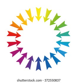 Arrows showing to center - rainbow colored - isolated vector illustration on white background.