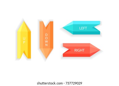 Arrows showing up down right left directions vector illustration set isolated on white background. Colorful indicator pointers for web design