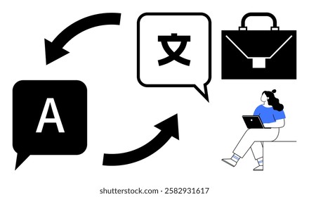 Arrows showing language translation process, person using laptop, business briefcase. Ideal for language learning, globalization, remote work, business communication, education, professional