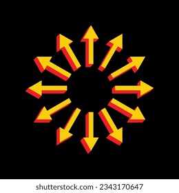 Arrows sign. 3D Extruded Yellow Icon with Red Sides a Black background. Illustration.