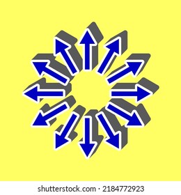 Arrows sign. Blue Icon with white stroke in 3d at yellow Background. Illustration.
