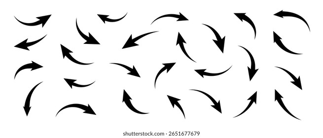 Sinal de setas. Setas curvas.  Setas curvas definidas. Coleção de símbolos de seta. Ilustração de setas vetoriais.