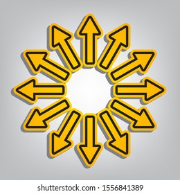 Arrows sign. Flat orange icon with overlapping linear black icon with gray shadow at whitish background. Illustration.