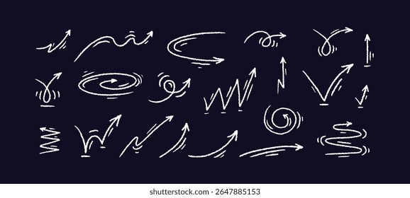 Arrows sign. Hand drawn chalk scribbles. Freehand curved lines. Doodle pencil set on black bg. Direction pointers. Vector texture sign, motion expression