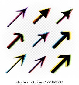El signo de flechas está definido en el efecto de forma de brillo de color sobre el fondo transparente blanco. Colección de iconos de flecha de dirección. Plantilla de puntero de navegación