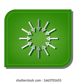 Arrows sign. Silver gradient line icon with dark green shadow at ecological patched green leaf. Illustration.