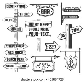 Arrows, signboards, signposts in comics style. Text on a separate layer and can be easily disabled.