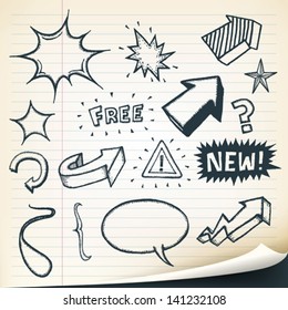 Arrows, Signs And Sketched Elements Set/ Illustration of a group of outlined hand drawn sketched elements, arrows, signs, speech bubbles, stars and retail text or messages