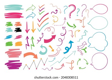 Flechas, signos, símbolos, discurso de burbuja, colección colorida, elementos aislados