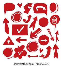 Arrows, signs, symbols. Heart, speech bubble, circle, cloud, tick, house, geometric shapes. Hand drawn design elements set isolated on white background