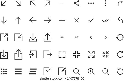 flechas y firma botones web. elementos de interfaz de usuario. flechas y signos esbozan iconos vectoriales para diseño web, móvil y ui