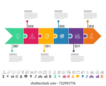 Flechas con seis pasos, diseño de infografías de línea de tiempo con iconos definidos, en versiones en blanco y negro y coloridas.