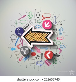 Arrows and speech bubbles collage with icons background. Vector illustration