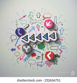 Arrows and speech bubbles collage with icons background. Vector illustration
