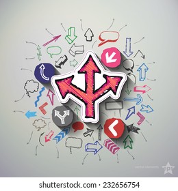 Arrows and speech bubbles collage with icons background. Vector illustration