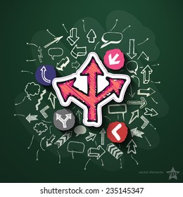 Arrows and speech bubbles collage with icons on blackboard. Vector illustration
