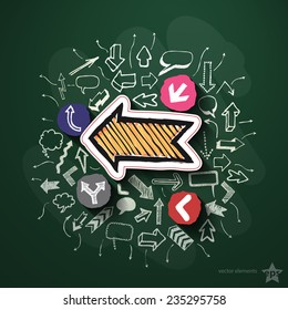 Arrows and speech bubbles collage with icons on blackboard. Vector illustration