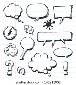 Arrows, Speech Bubbles And Doodle Elements Set/ Illustration of a group of outlined hand drawn sketched elements, arrows, signs and speech bubbles, on school paper with red and blue stripes