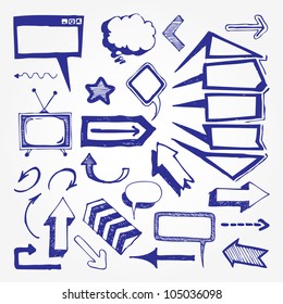 Arrows and speech bubbles set. Hand drawn sketch illustration isolated on white background